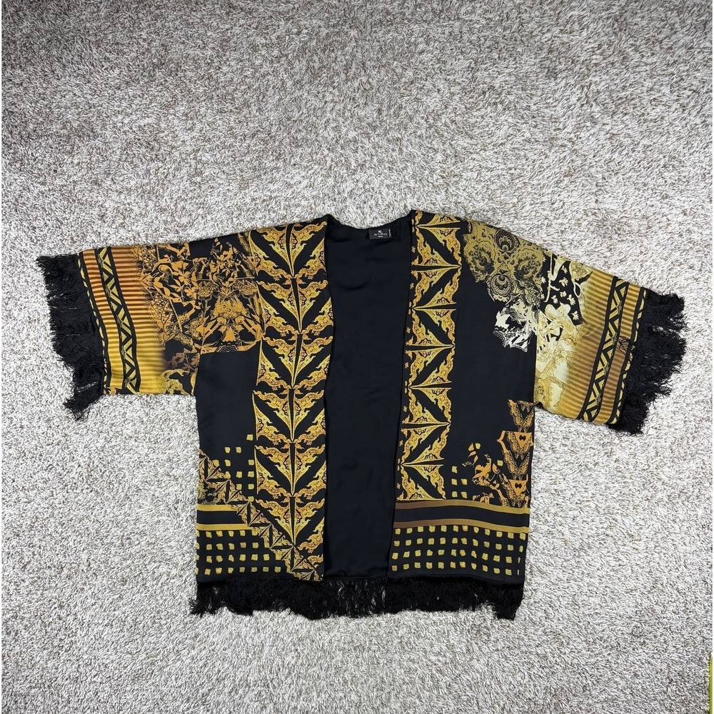 ETRO Milano 100% Silk Fringe Kimono Cardigan Black Gold One Size